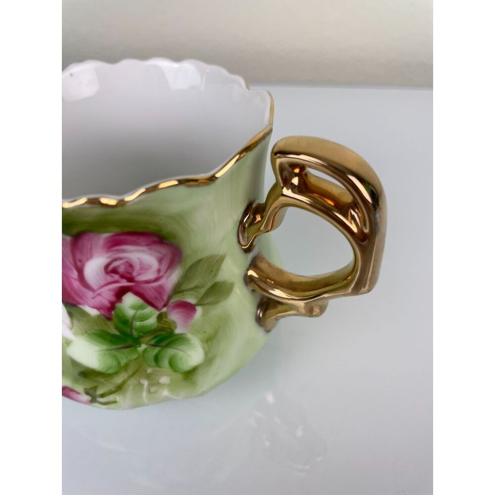Lefton China Hand Painted Green & Pink Rose Teacup & Saucer Set, Gold Vintage - Picture 12 of 16